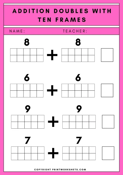 Addition Doubles with Ten Frames Worksheets: Missing Addends