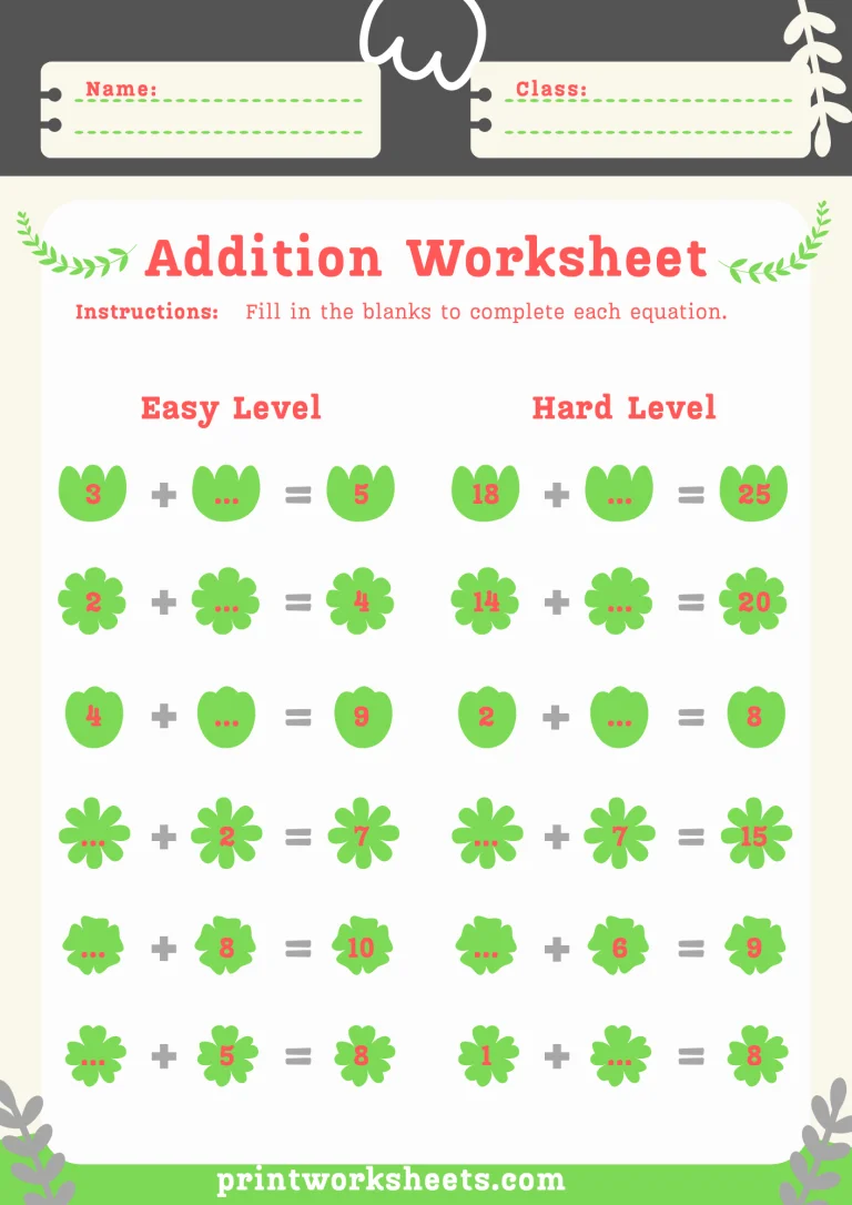 Single Addition to 10 Math Worksheet
