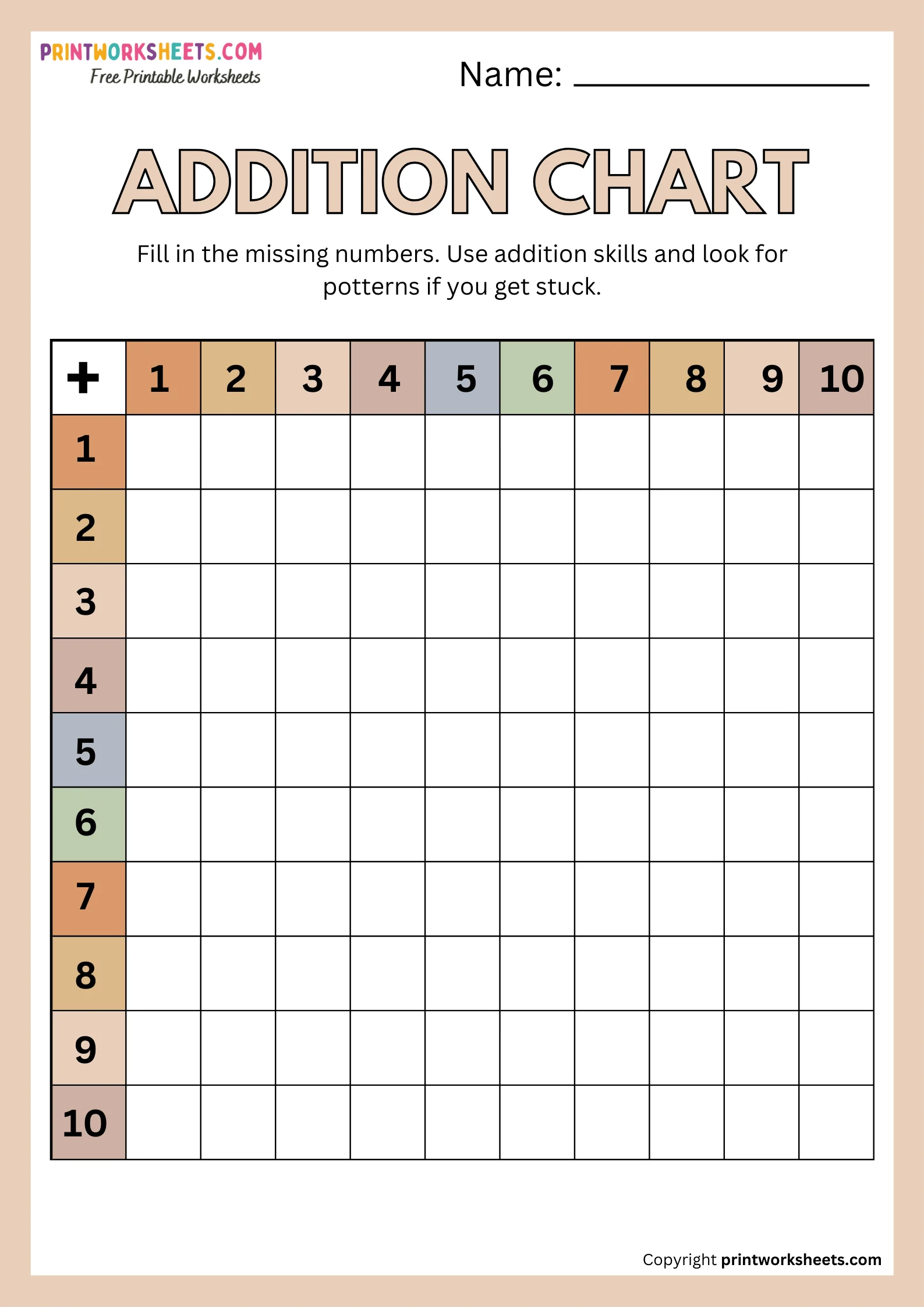 Addition Charts Worksheet - Addition Facts Table: Addends 1 to 20 (Color) for Grade 1 | Free Printable