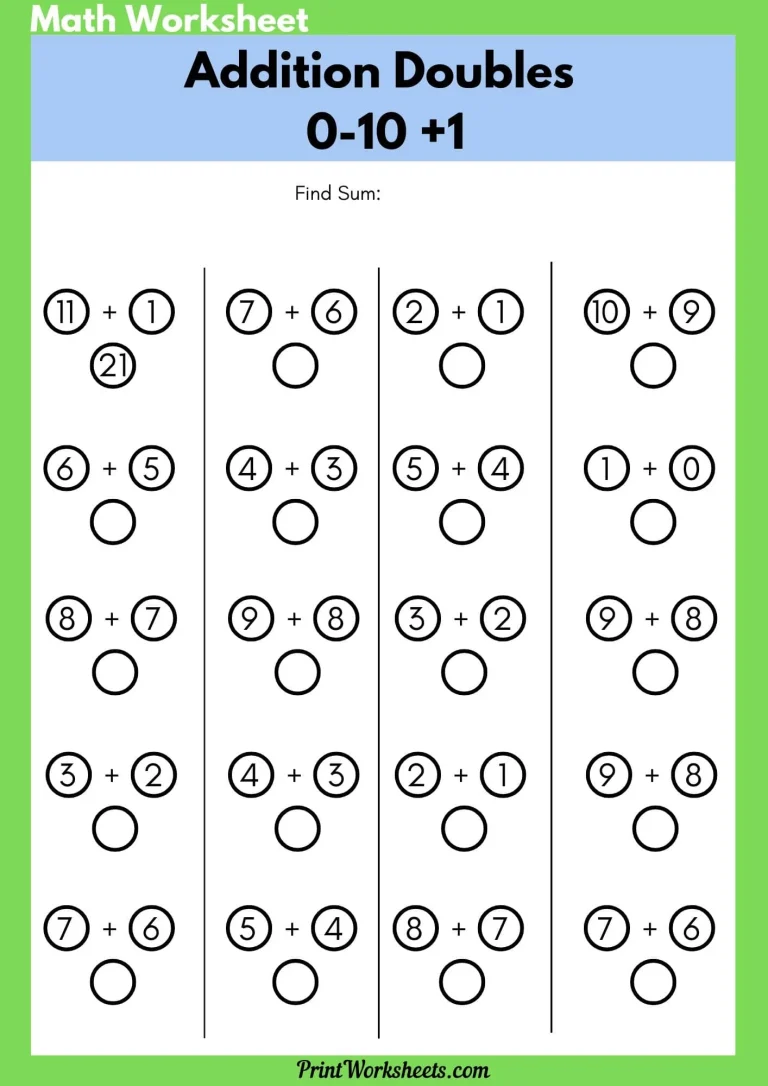 Addition Doubles 0-10 +1 Worksheets