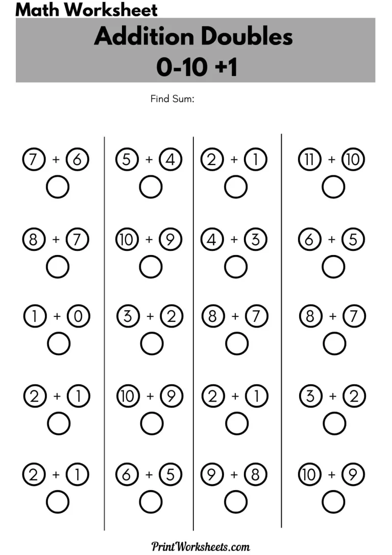 Addition Doubles 0-10 +1 Worksheets