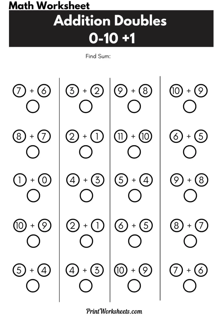 Addition Doubles 0-10 +1 Worksheets