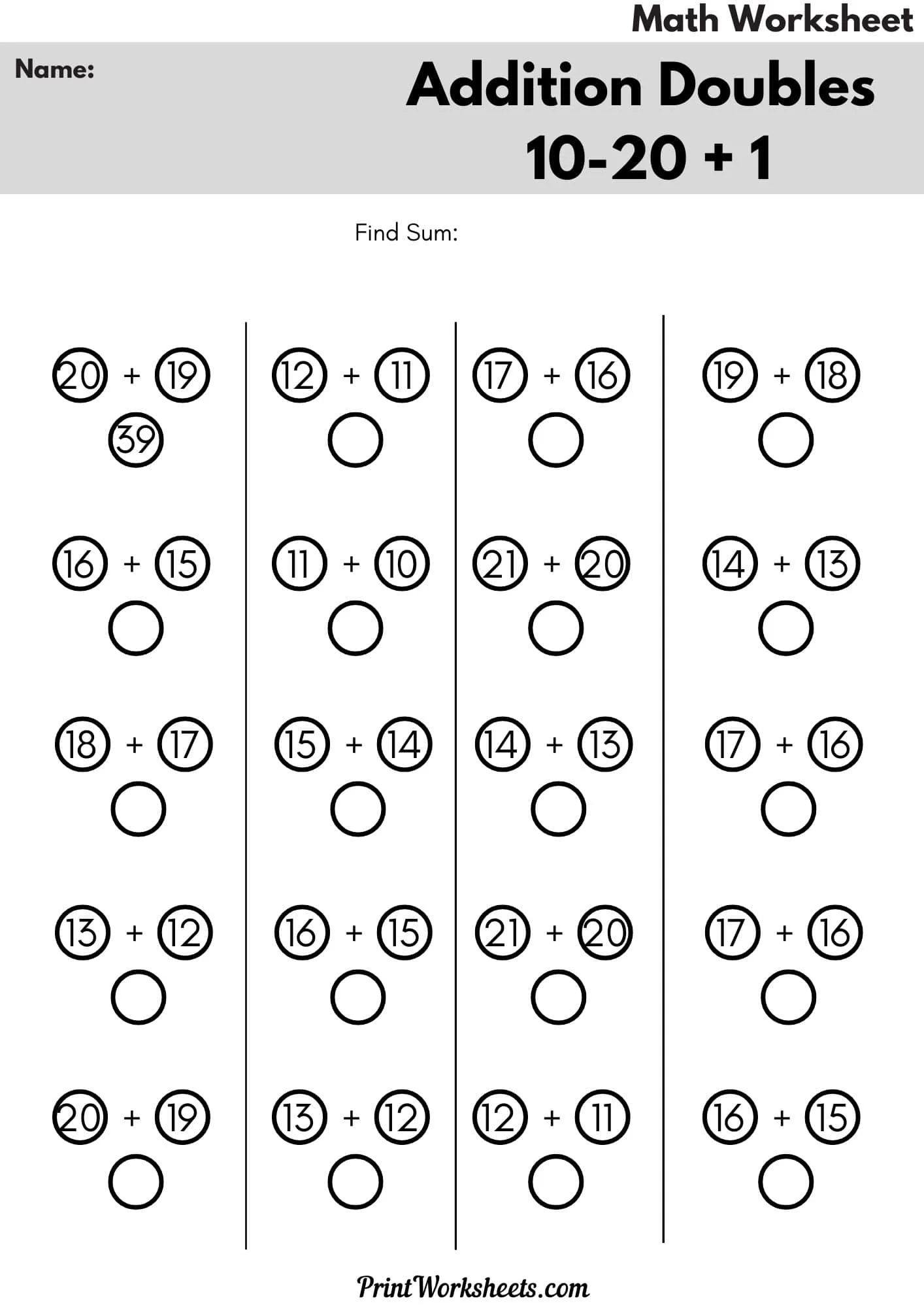 Addition Worksheets Worksheet - Addition Doubles 10-20 + 1 Worksheet (1st Grade) | Free Printable