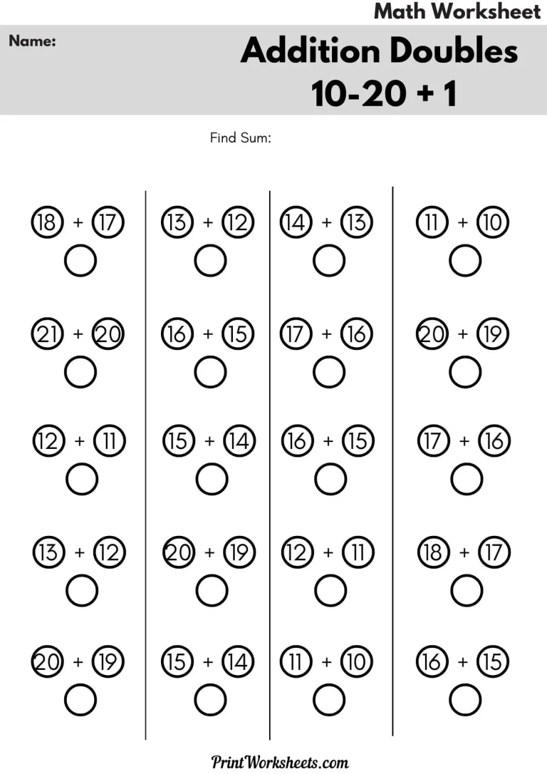 Addition Doubles 10-20 + 1 Worksheet