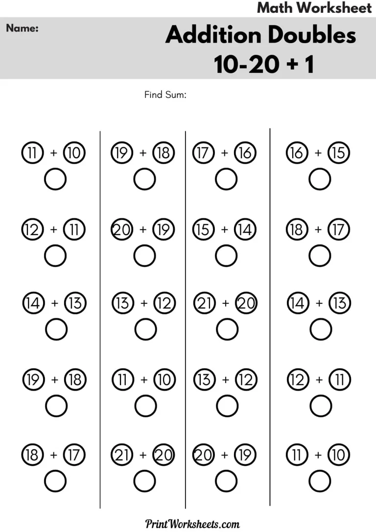 Addition Doubles 10-20 + 1 Worksheets