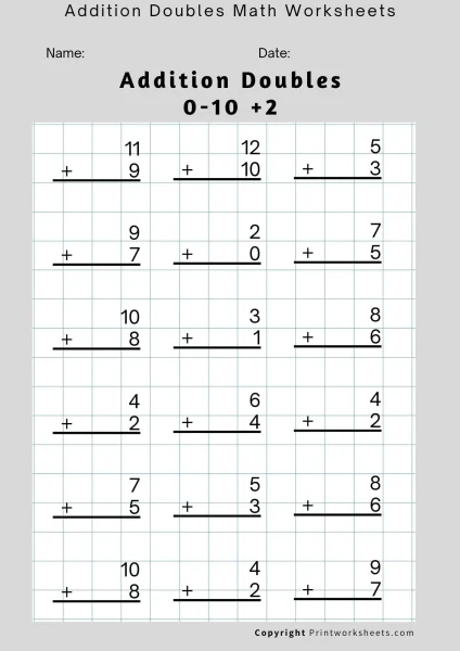 Addition Doubles 0-10 + 2 Worksheet for 1st Grade