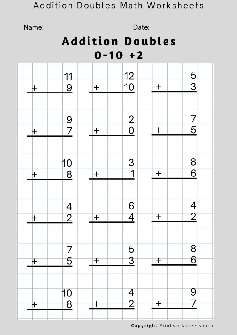 Addition Doubles 0-10 +2 Worksheet