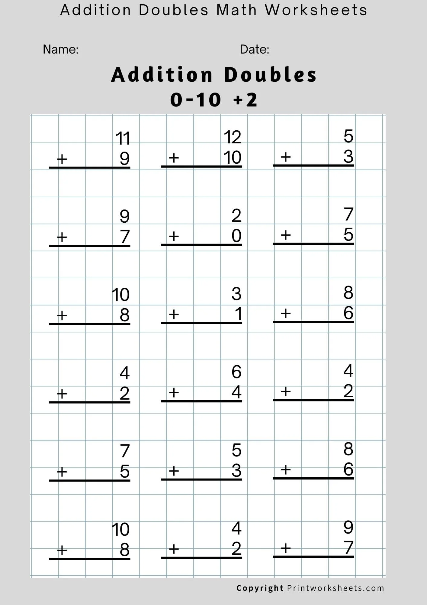 Single Digit Addition Worksheet - Addition Doubles 0-10 + 2 Worksheet for 1st Grade | Free Printable