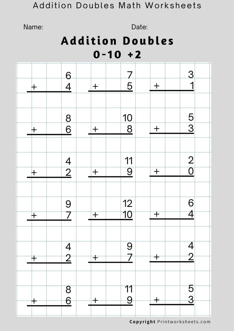 Addition Doubles 0-10 +2 Worksheet