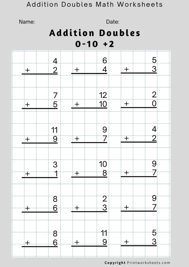 Addition Doubles 0-10 +2 Worksheet