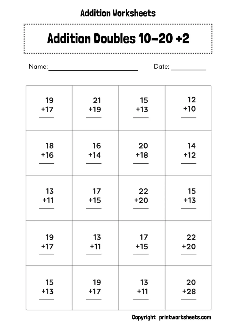 Addition Doubles 10-20 +2 Worksheet