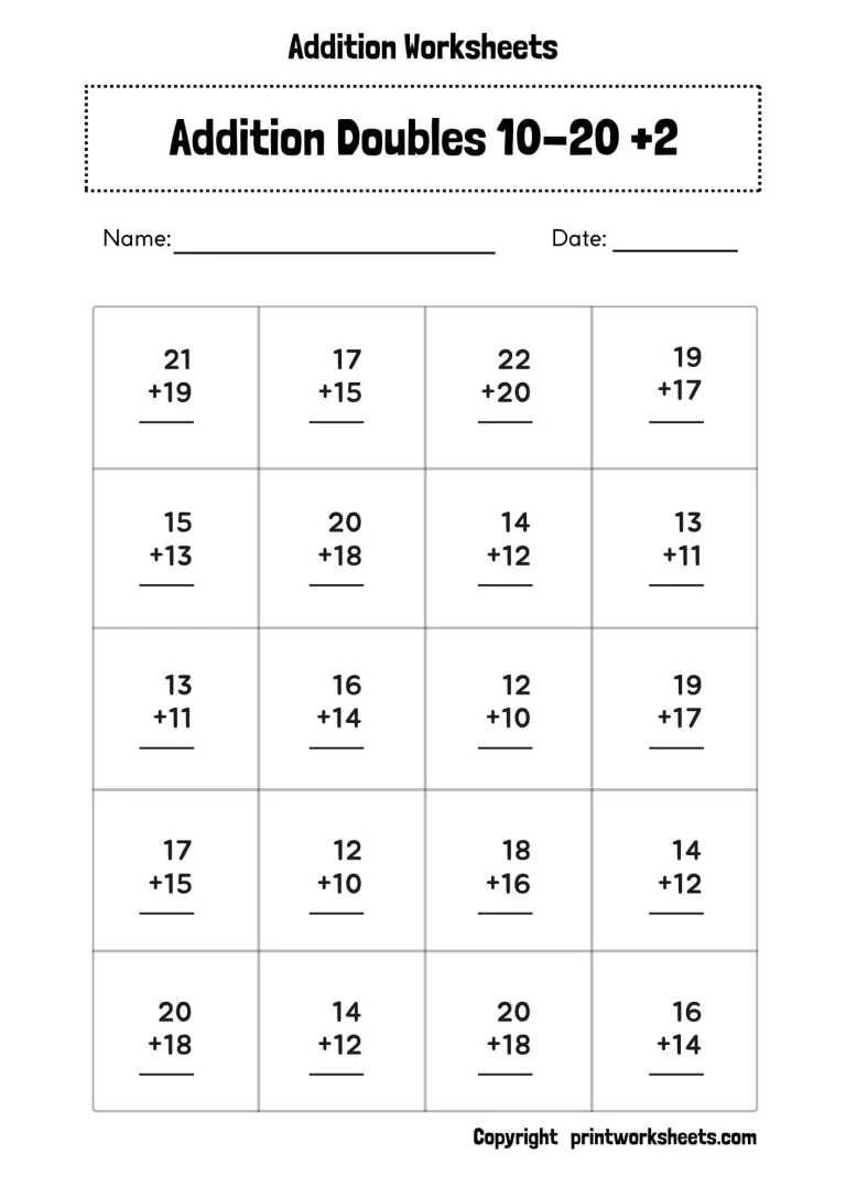 Addition Doubles 10-20 +2 Worksheet