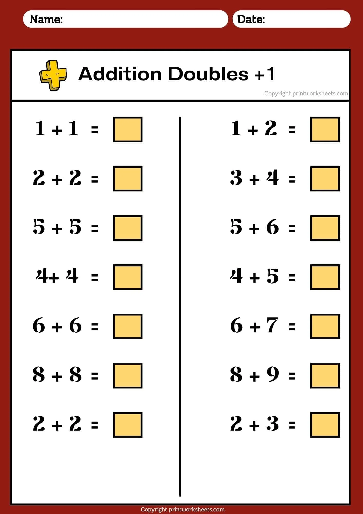 Single Digit Addition Worksheet - Addition Doubles Plus One Worksheets – Sums to 20 | Free Printable