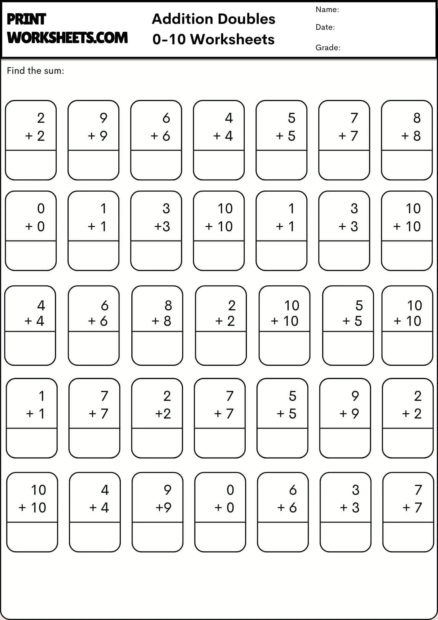 Addition Worksheets Worksheet - Addition Doubles Worksheet: Sums to 20 (Grade 1) | Free Printable