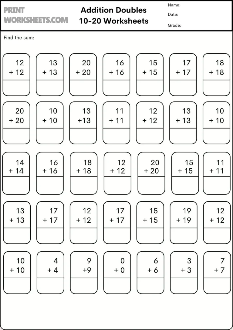 Addition Doubles 10-20 Worksheet