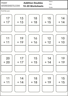 Double Digit Addition Worksheet - Addition Doubles Sums to 40 2nd Grade: Facts 10-20 (Sums to 40) 2nd Grade | Free Printable