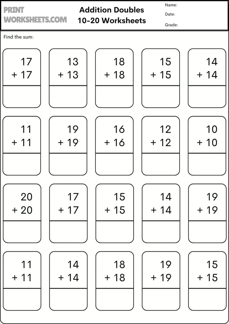 Addition Doubles 10-20 Worksheet