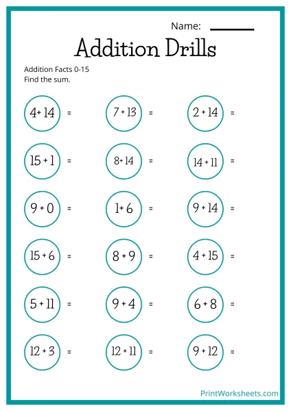 Addition Drills Worksheets: Addends to 15 (Grade 2)