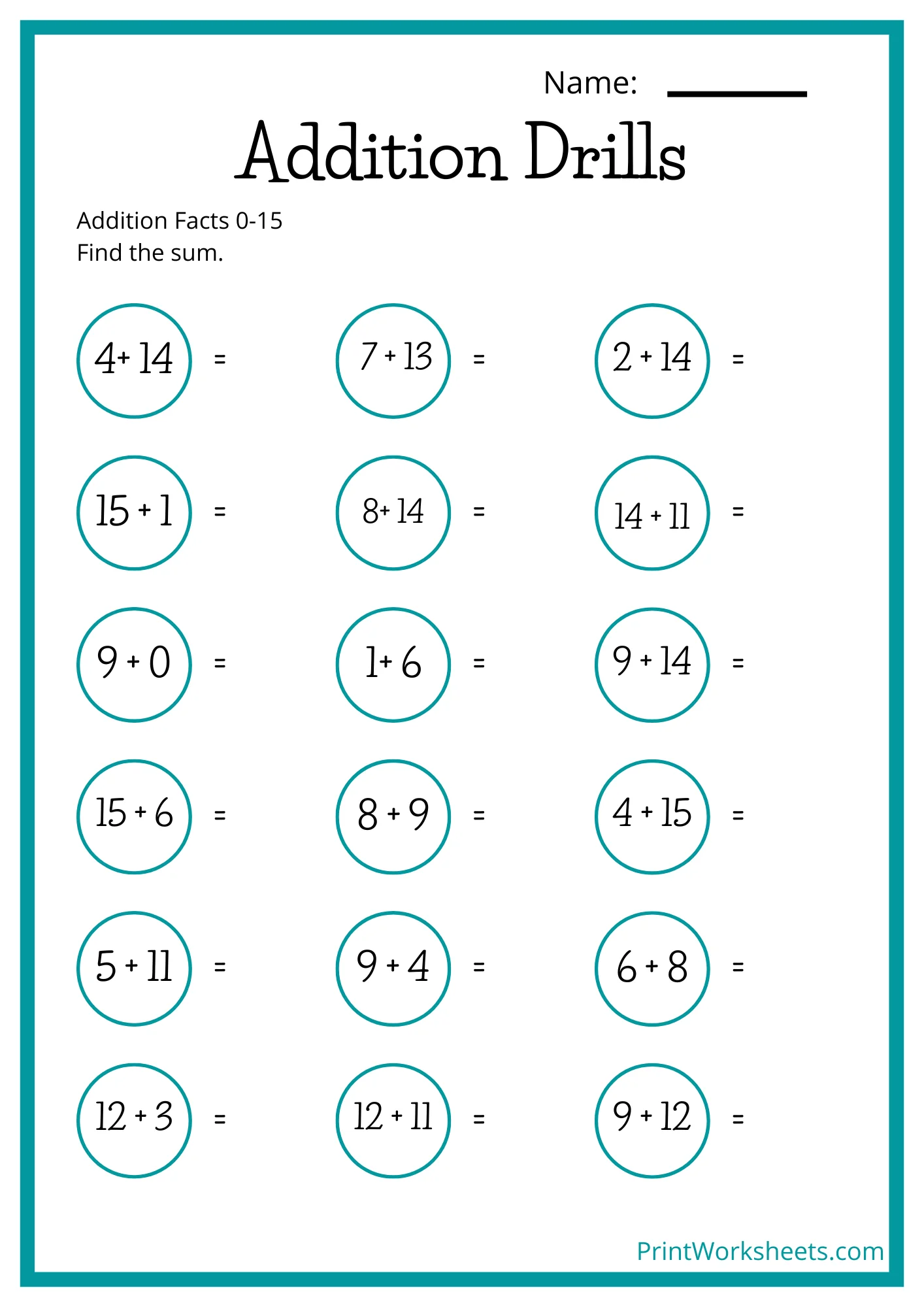 Addition Drills Worksheet - Addition Drills Worksheets: Addends to 15 (Grade 2) | Free Printable