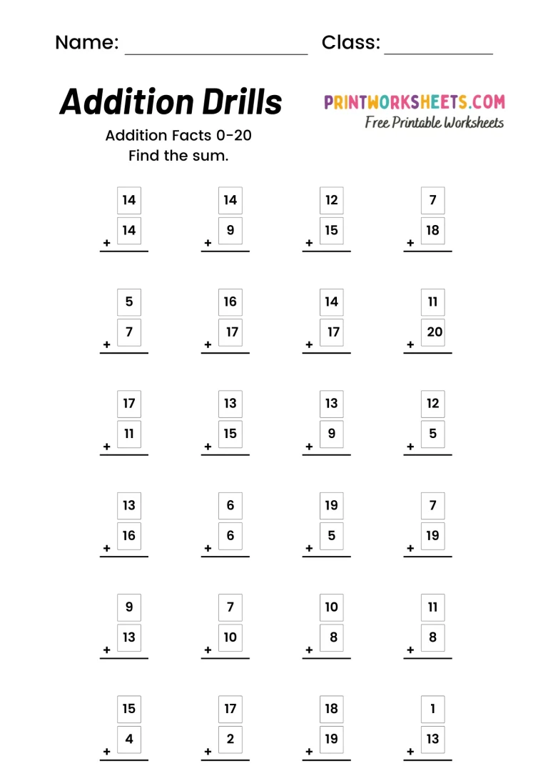 Addition Drill Math Worksheets Addends to 20