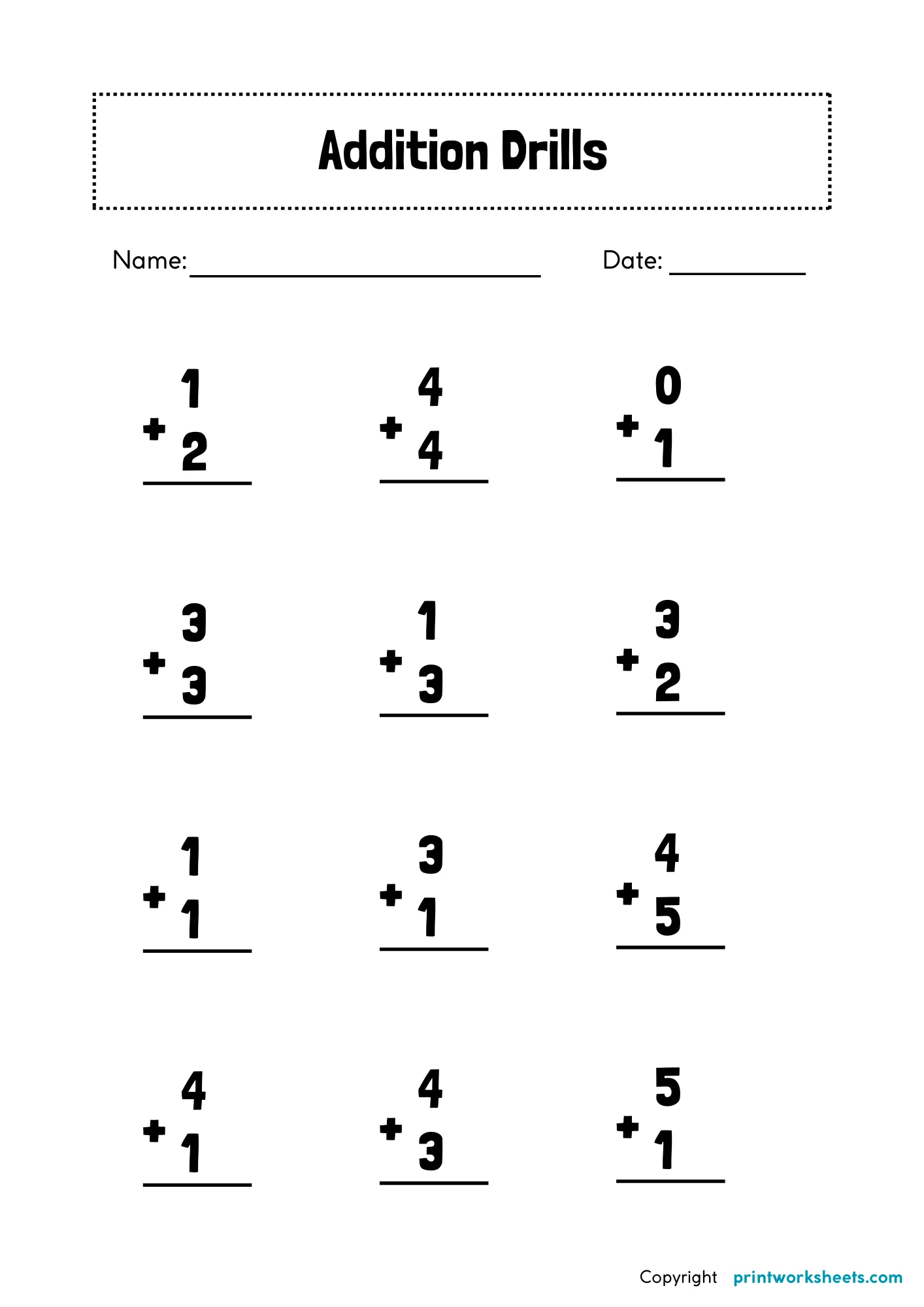 Addition Drills Worksheet - Addition Drills: Sums to 5 (Vertical & Horizontal) | Free Printable