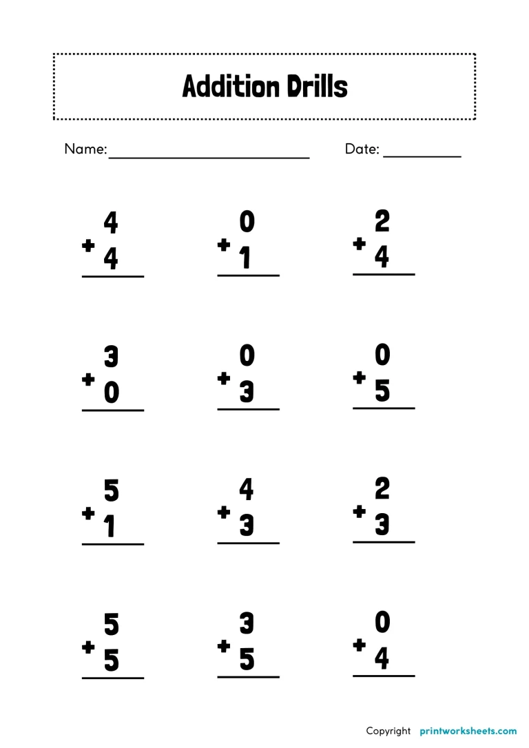 maths drills addition worksheets 1-5 number