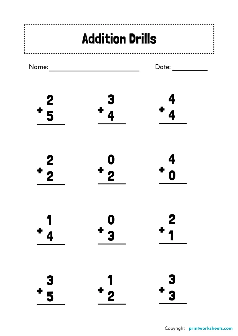 maths drills addition worksheets 1-5 free