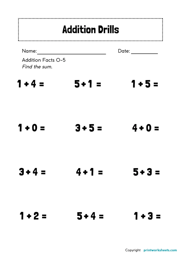 maths drills addition worksheets 1-5