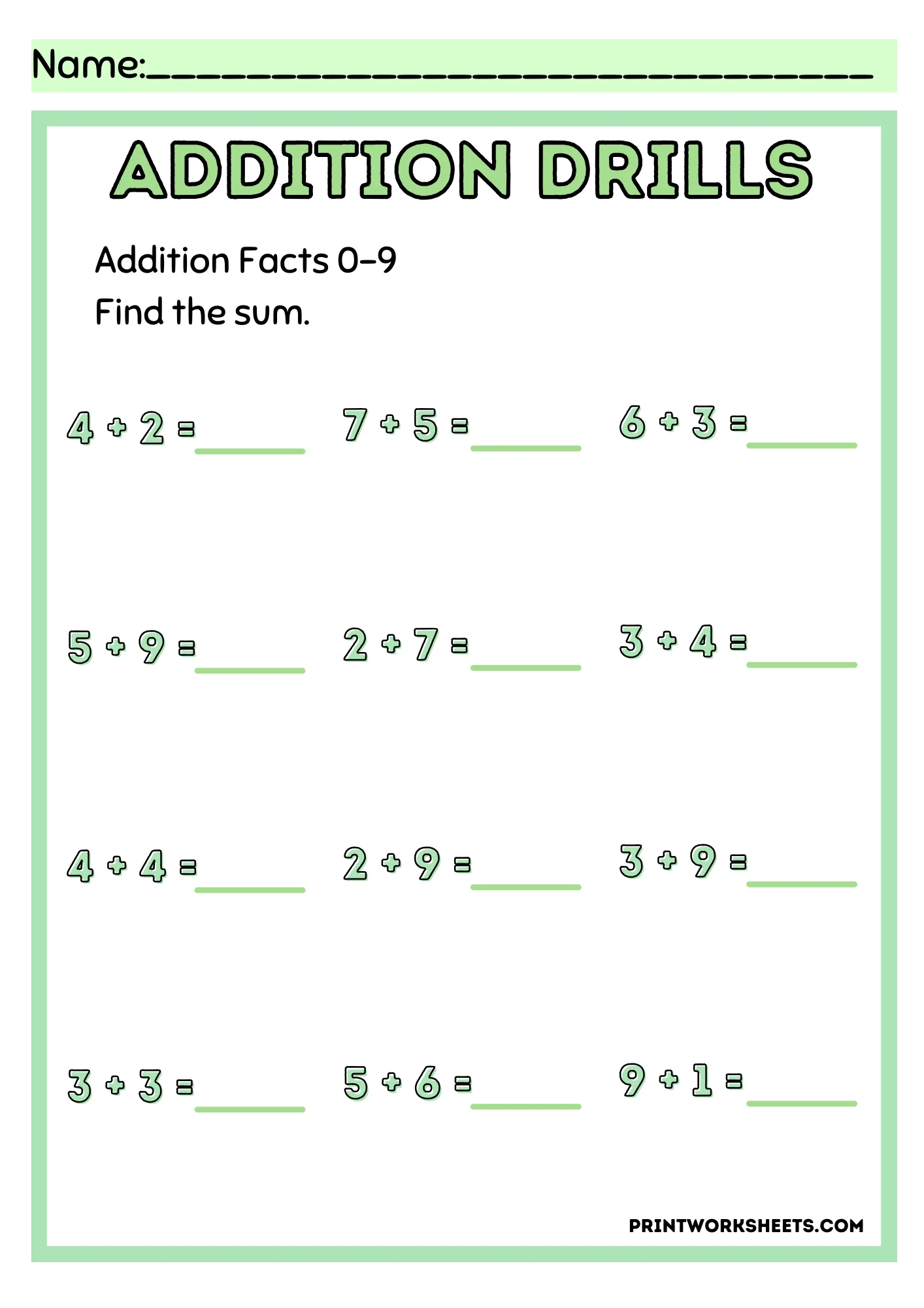 Addition Drills Worksheet - Timed Addition Drills: Sums to 10 (Speed Practice) | Free Printable