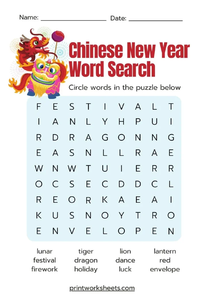 Chinese New Year Word Search Worksheets