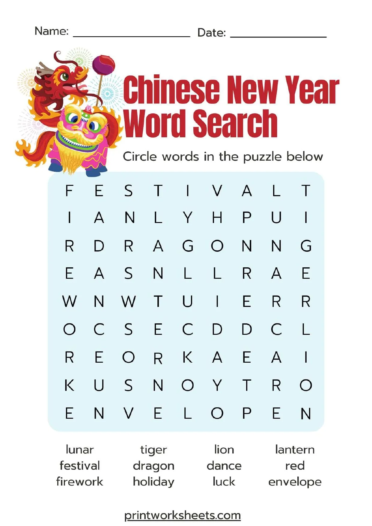Logic and Puzzles Worksheet - Chinese New Year Word Search Worksheets | Free Printable