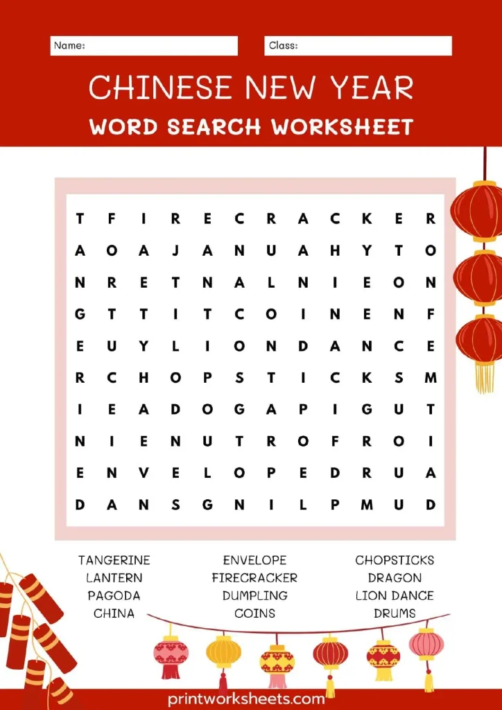 Chinese New Year Word Search Worksheets