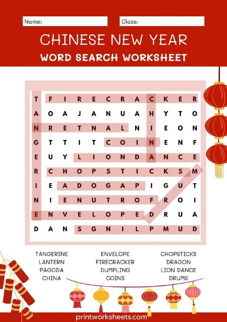 Chinese New Year Word Search Worksheets