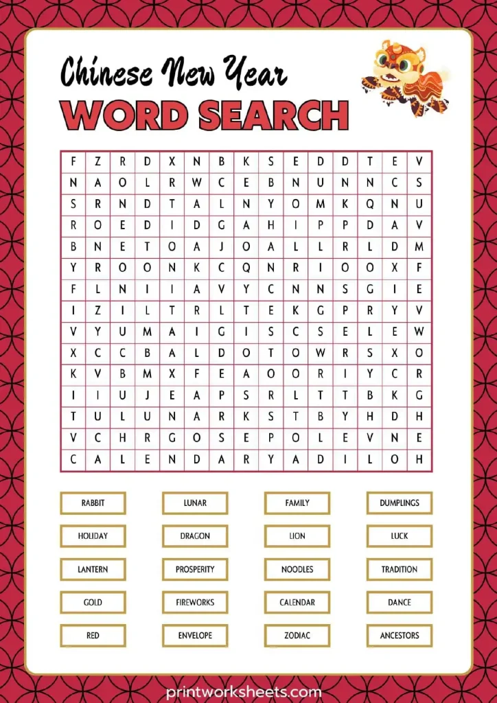 Chinese New Year Word Search Worksheets