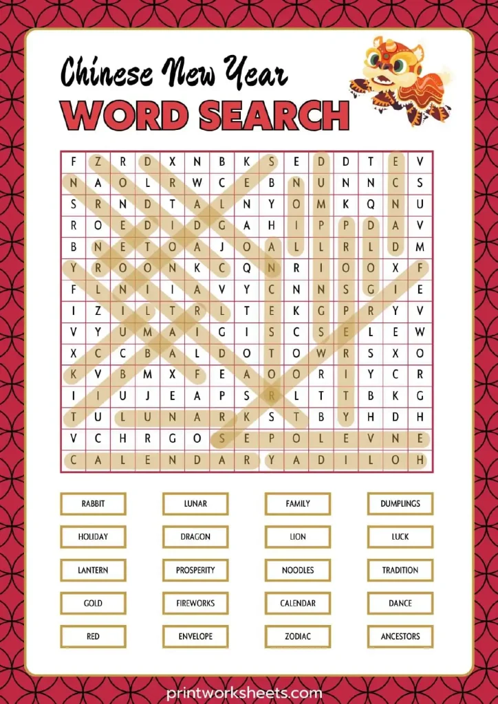 Chinese New Year Word Search Worksheets