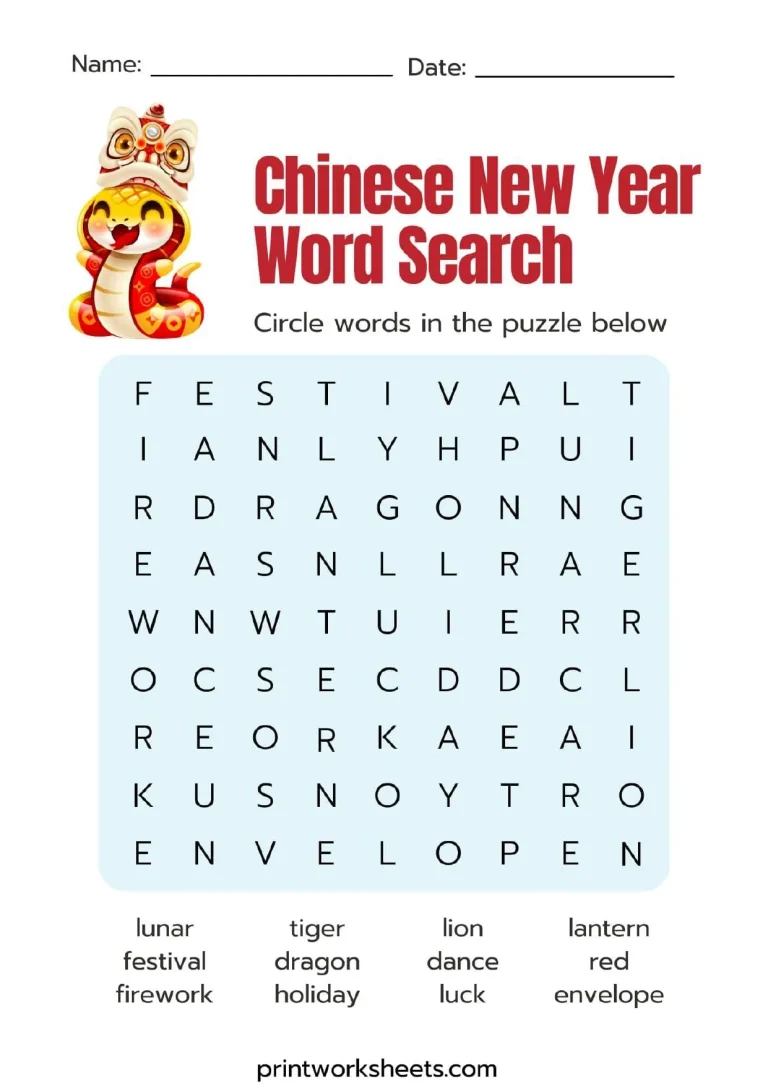 Chinese New Year Word Search Worksheets