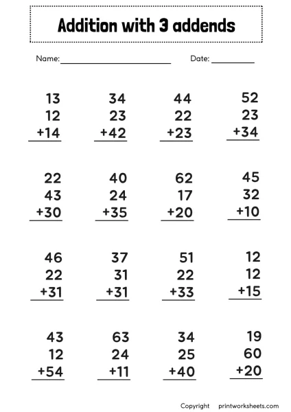 Vertical Double Digit Addition Worksheets: 3 Addends (Grade 2-3)