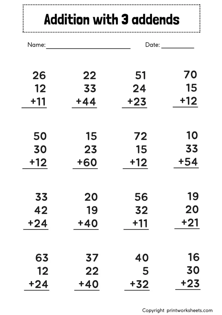 Double Digit Addition with 3 Addends Worksheets