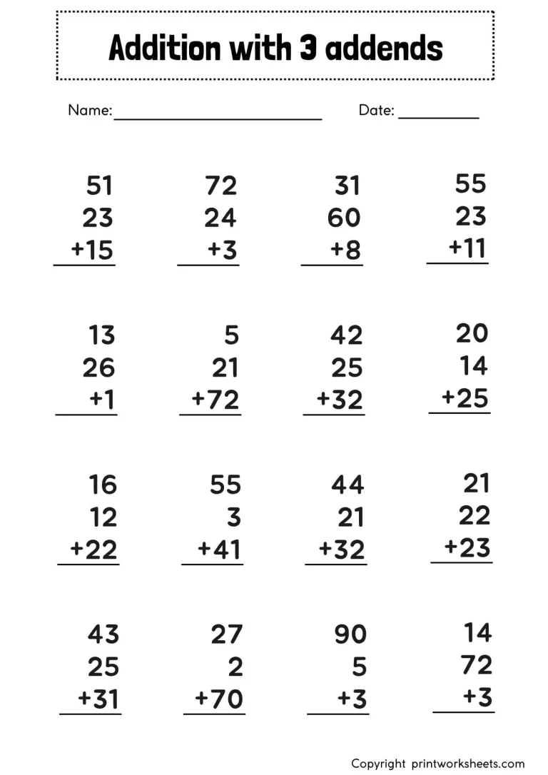 Double Digit Addition with 3 Addends Worksheets