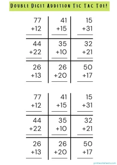 Double Digit Addition Worksheet - Tic Tac Toe Addition Game Worksheet Grade 2 | Free Printable