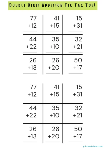 Double Digit Addition Game: Tic-Tac-Toe (Grade 2)