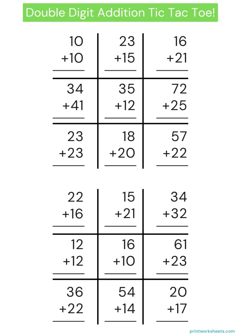 Double-Digit Addition Tic-Tac-Toe Worksheets