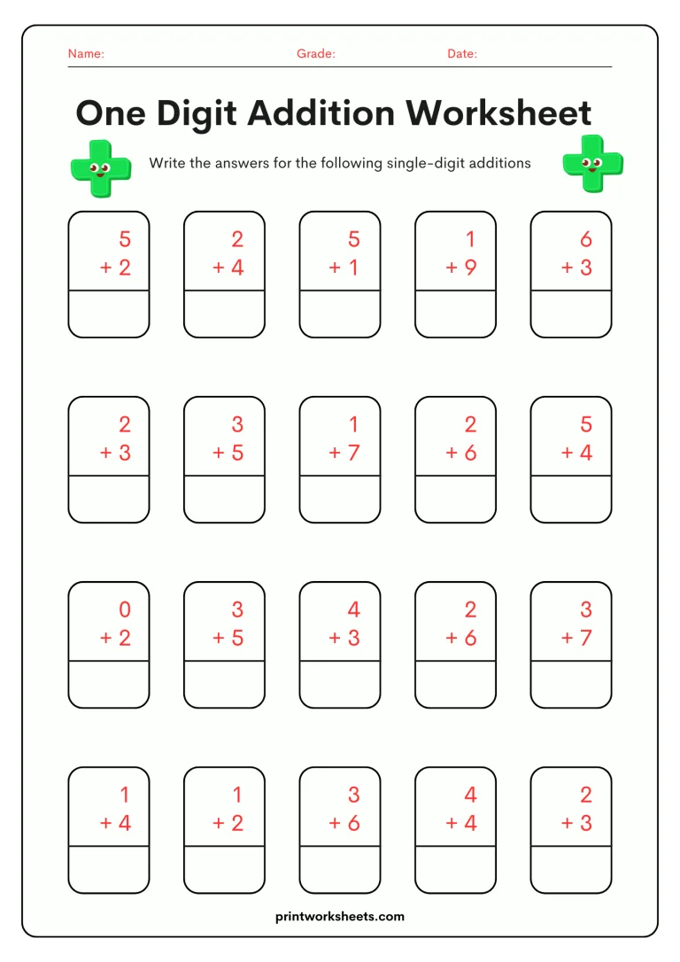 Single Addition Facts Worksheets
