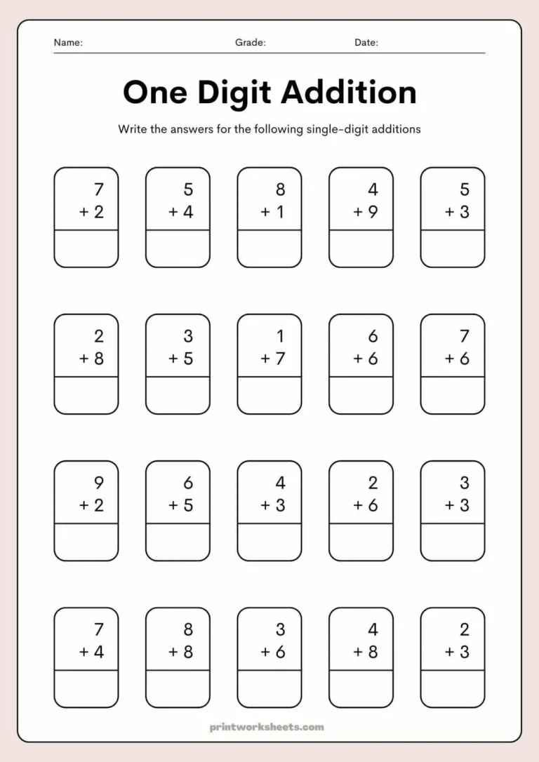 One Digit Addition Worksheet
