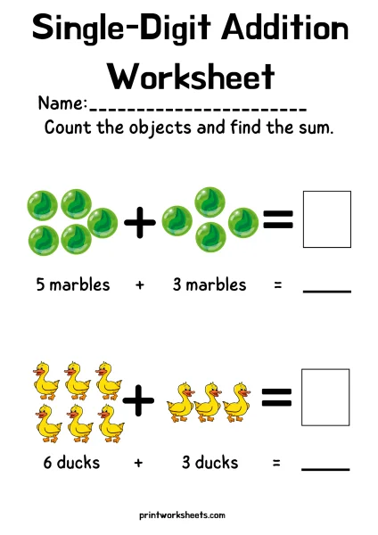 Kindergarten Single Digit Addition Worksheet (Free PDF)