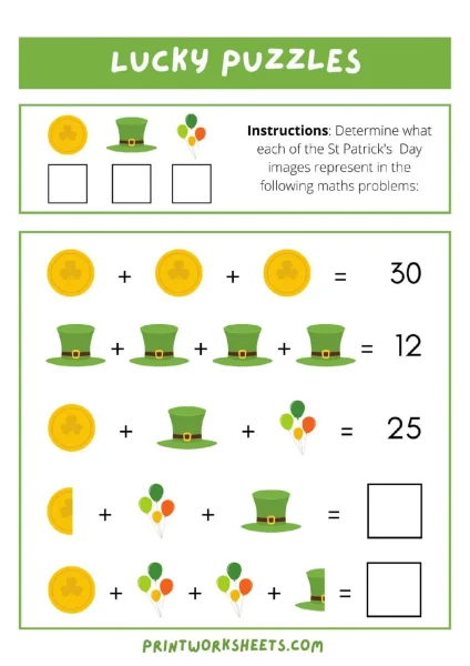 St. Patrick’s Day Math Puzzles and Free Worksheets (Printable Challenge Pack)