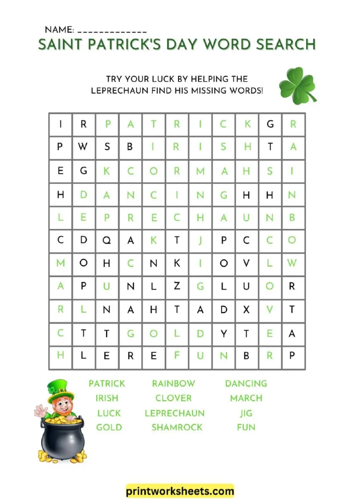 St. Patrick’s Day Word Search Worksheets – Free Printable PDF for Kids