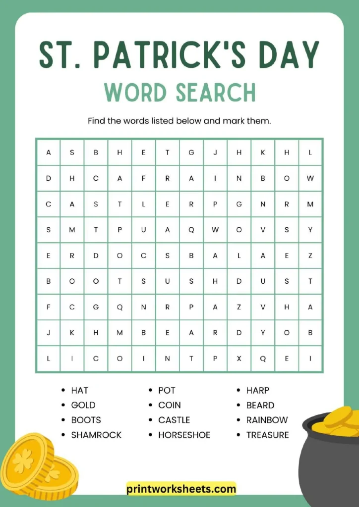 St. Patrick’s Day Word Search Worksheets – Free Printable PDF for Kids