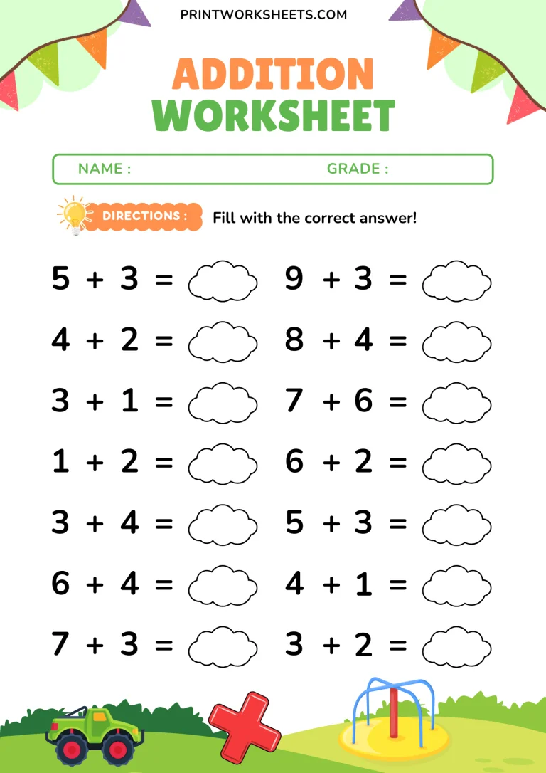 Single Addition to 10 Math Worksheet