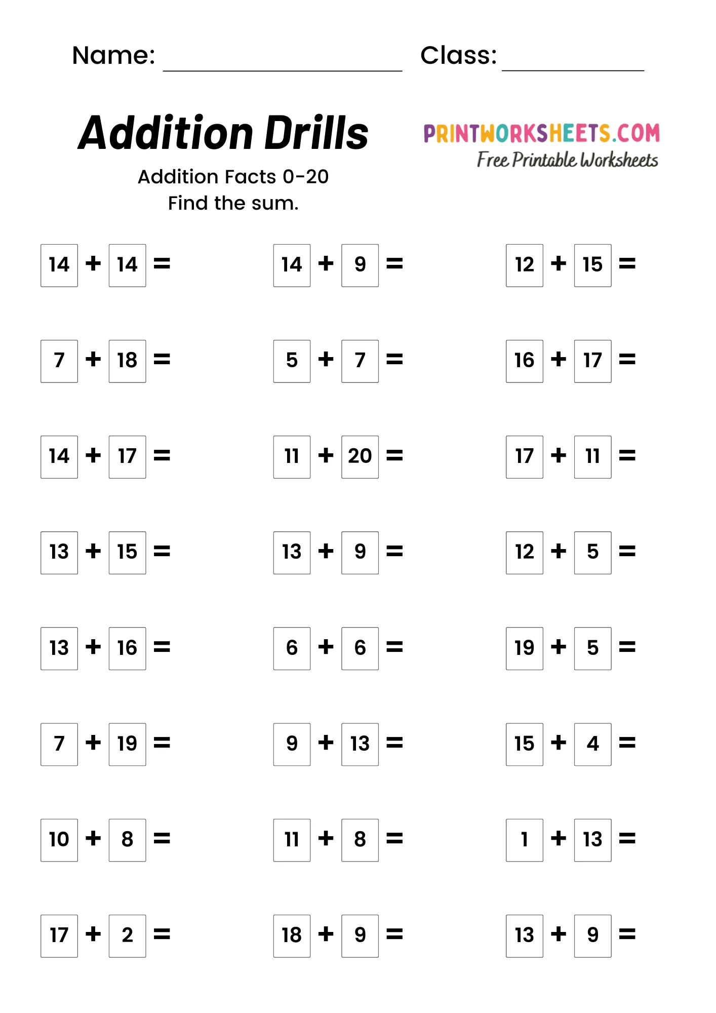 Addition Drills Worksheet - Addition Drills Worksheets: Addends to 20 (Vertical & Horizontal) | Free Printable
